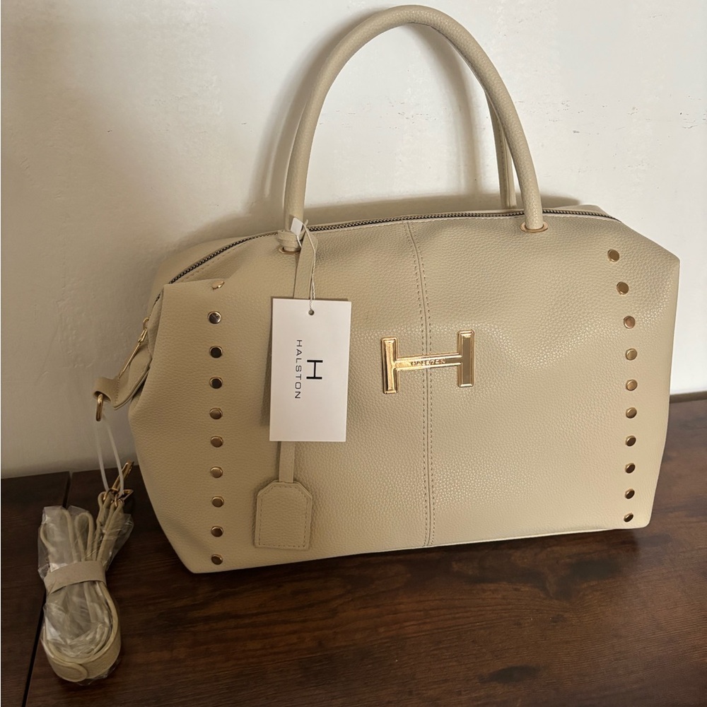 Halston Beige Satchel with Gold Accents